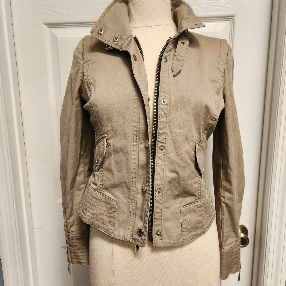 Taupe Fitted Buckle Collar Utility Jacket from White House Black Market. - Picture 2 of 15